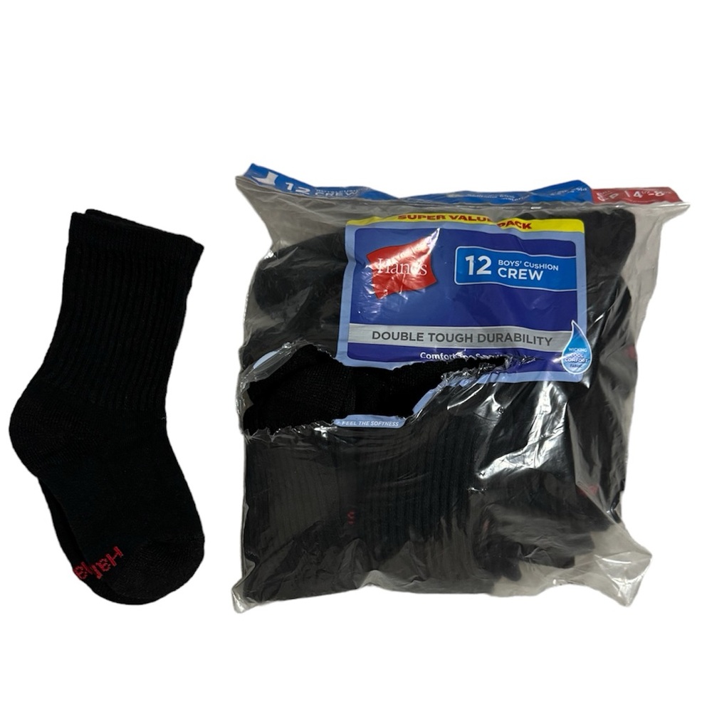 Hanes Kids Black Crew Socks Size Small Shoe Size 4.5-8.5
